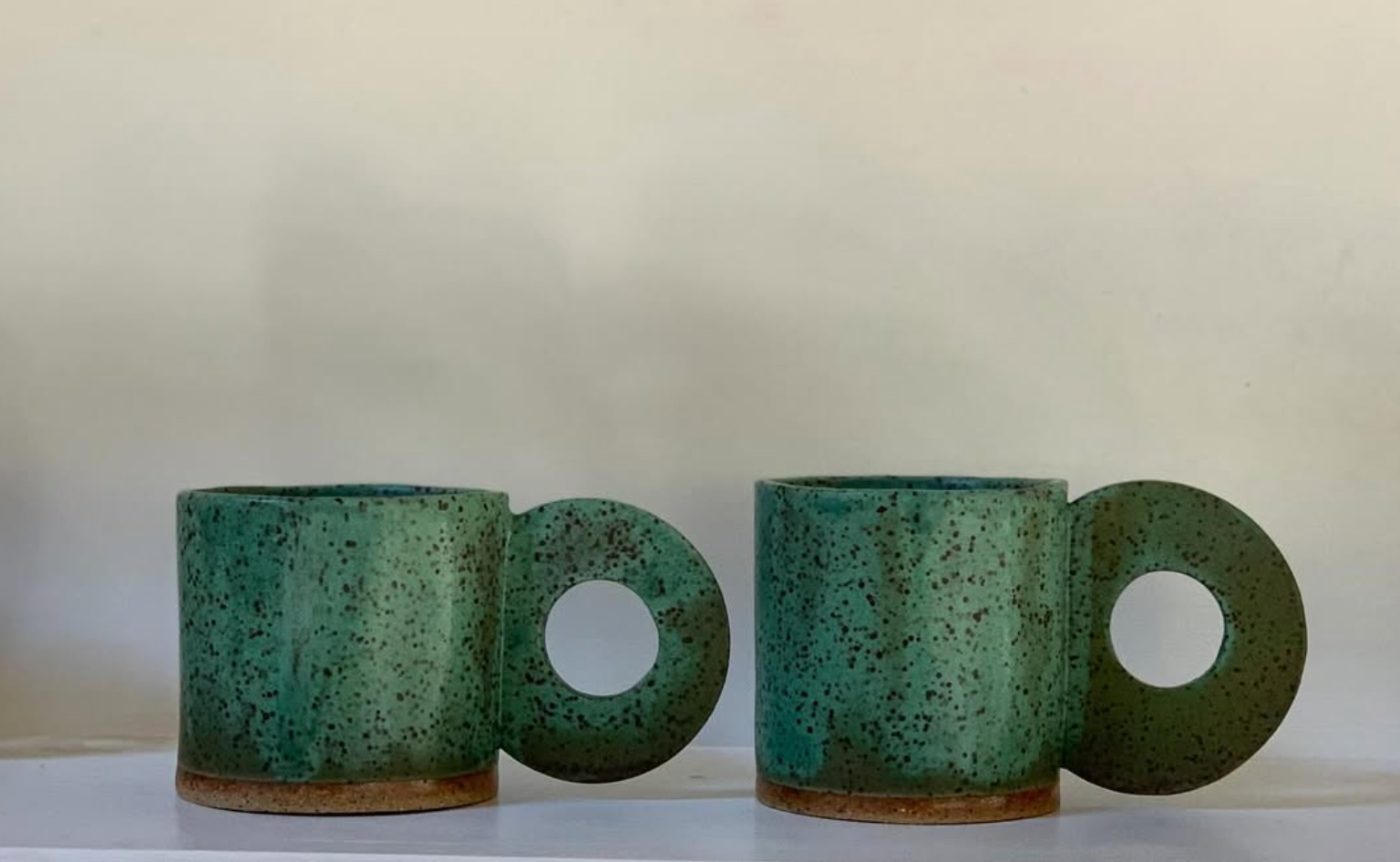 Pair of jade green circle-handle mugs